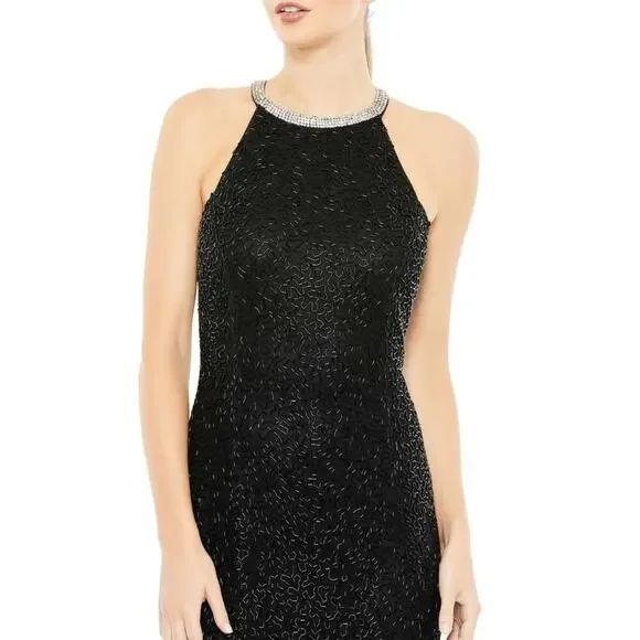 FLAWED - NWT Mac Duggal Beaded Sleeveless High Neck Column Gown Black 4 #8517 - Picture 3 of 13